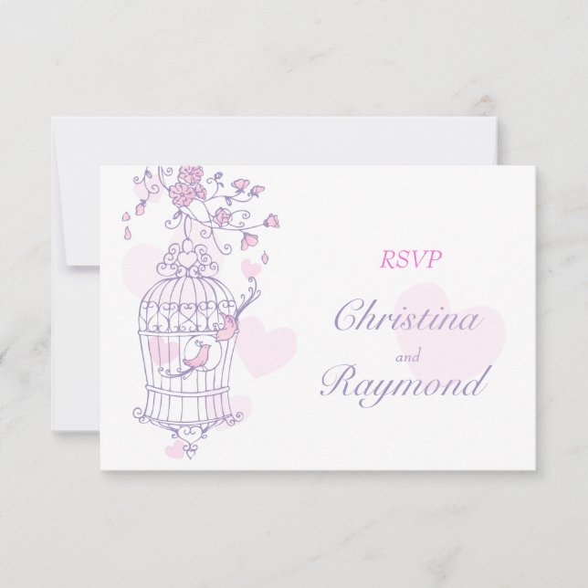 Purple & pink birds open cage wedding reply card (Front)