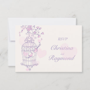 Purple & pink birds open cage wedding RSVP