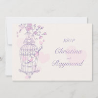Purple & pink birds open cage wedding RSVP