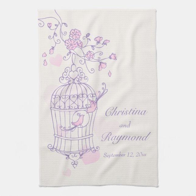 Purple pink birds wedding keepsake kitchen towel (Vertical)