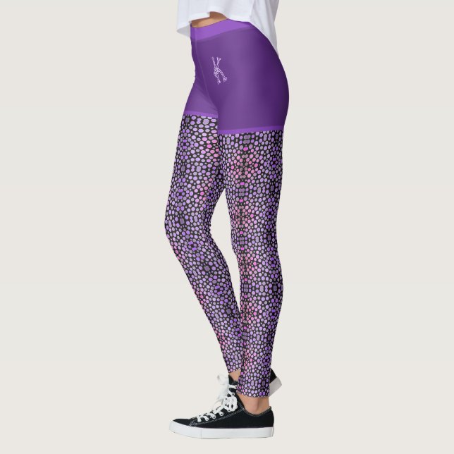 Purple Pink Black Fabric Circles Pattern Monogram Leggings (Left)