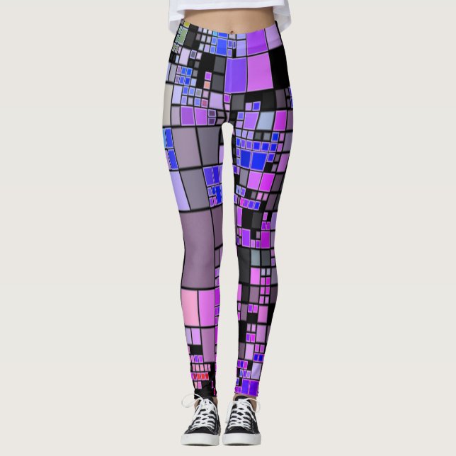 Purple pink blue black geometric art cool Leggings (Front)