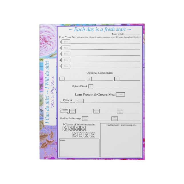 Purple, Pink, Blue, Floral 5 plus 1 Meal Tracker  Notepad (Rotated)