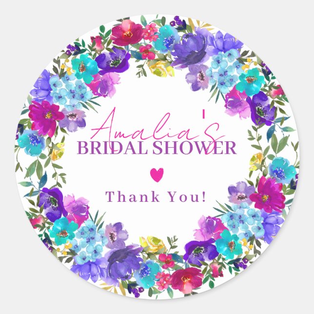 Purple Pink Blue Floral Bridal Shower Thank You  Classic Round Sticker (Front)