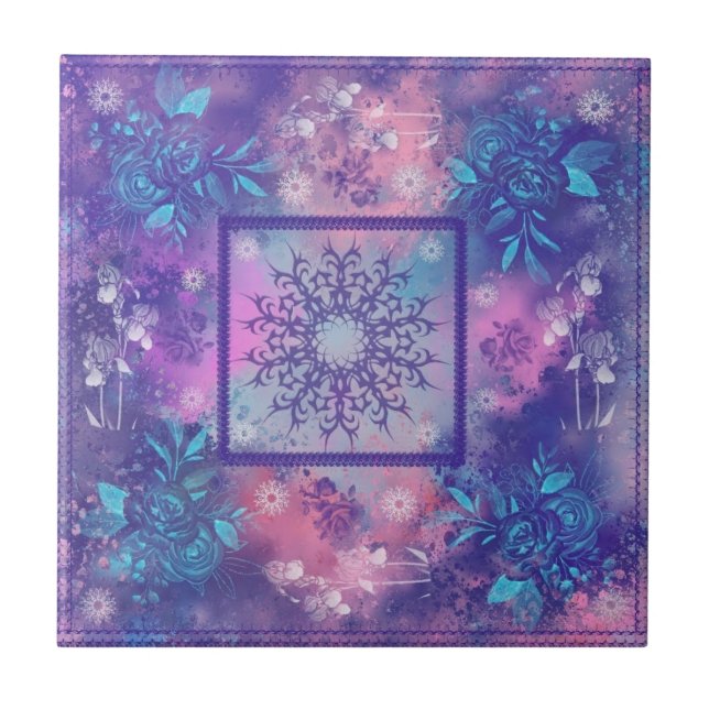 Purple Pink Blue Floral Ceramic Tile (Front)