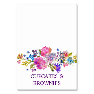 Purple Pink & Blue Flower Bouquet Food Tent Cards