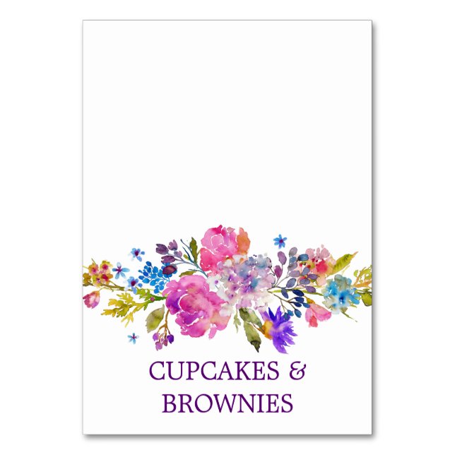 Purple Pink & Blue Flower Bouquet Food Tent Cards (Front)