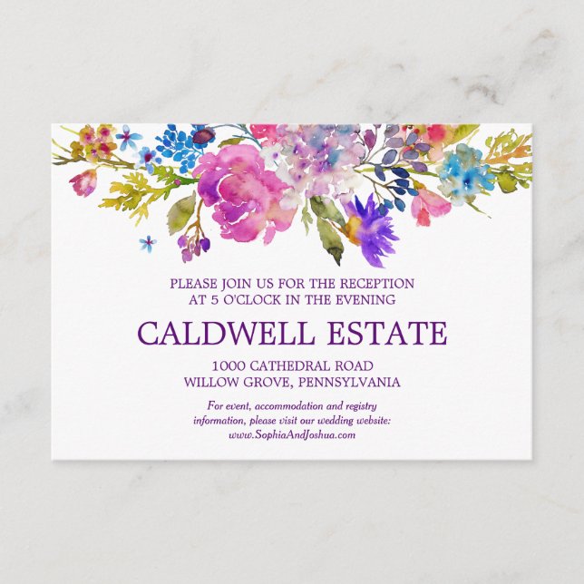 Purple Pink & Blue Flower Wedding Reception Card (Front)