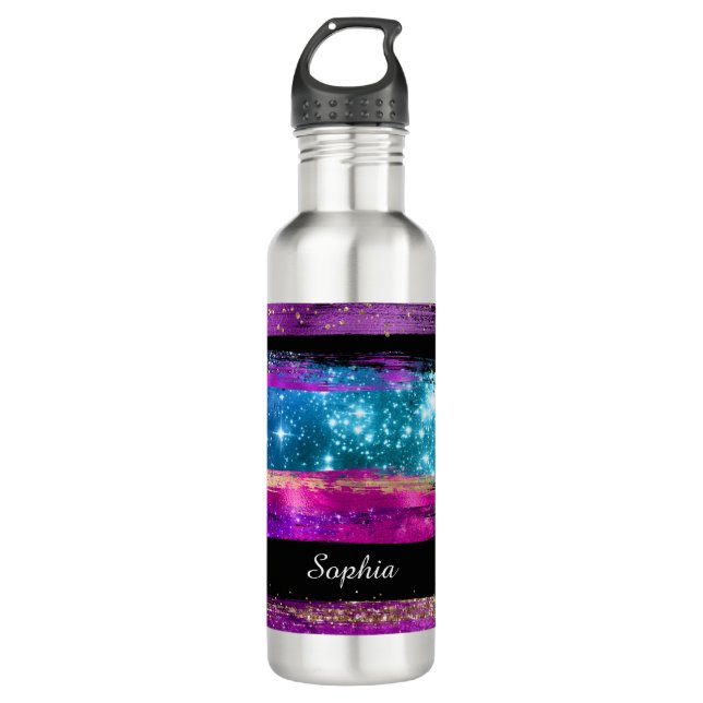 Purple Pink Blue Glitter Stars Brush Strokes Name 710 Ml Water Bottle (Front)