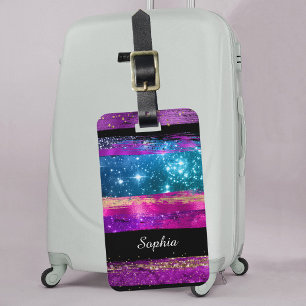 Purple Pink Blue Glitter Stars Brush Strokes Name Luggage Tag