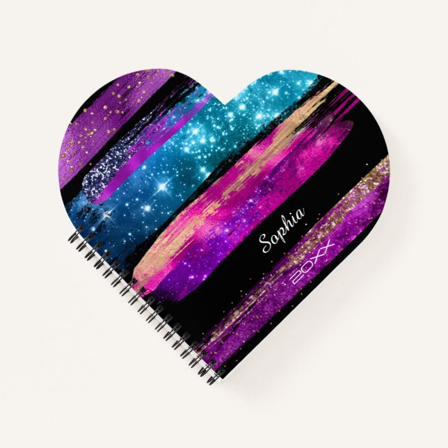 Purple Pink Blue Glitter Stars Brush Strokes Name Notebook (Front)