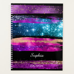 Purple Pink Blue Glitter Stars Brush Strokes Name Planner