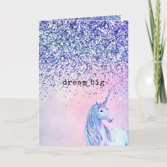 Purple Pink Blue Ombre Glitter Unicorn Card (Front)