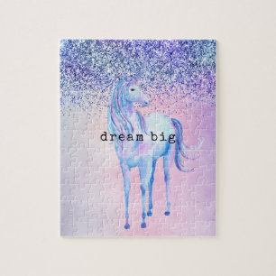 Purple Pink Blue Ombre Unicorn Glitter Jigsaw Puzzle