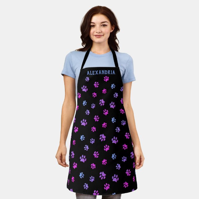 Purple Pink Blue Paw Prints Pattern Black Custom Apron (Worn)