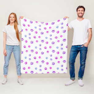 Purple Pink Blue Paw Prints Pattern Fleece Blanket
