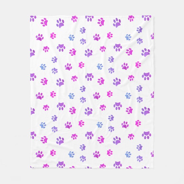 Purple Pink Blue Paw Prints Pattern Fleece Blanket (Front)
