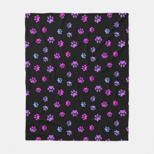 Purple Pink Blue Paw Prints Pattern on Black Fleece Blanket