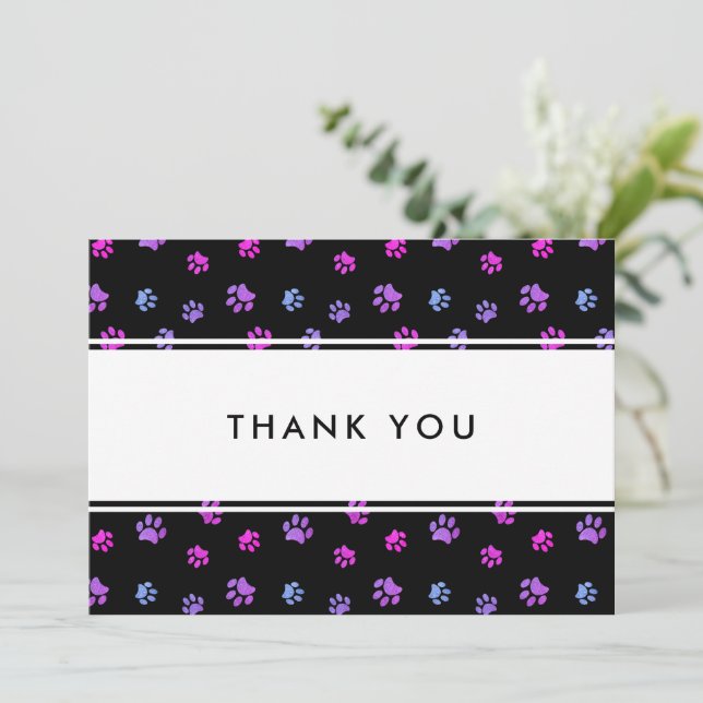 Purple Pink Blue Paw Prints Pet Business Thank You Card (Standing Front)