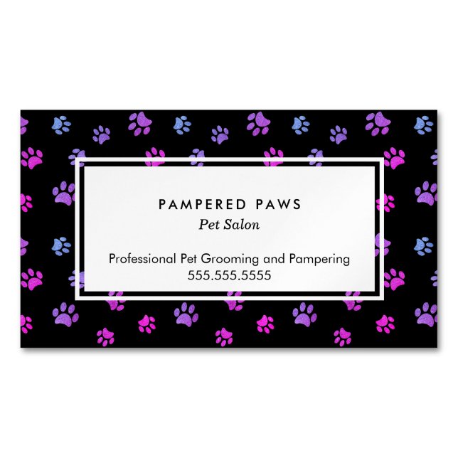 Purple Pink Blue Paw Prints Professional Pet Salon Magnetic Business Card (Front)