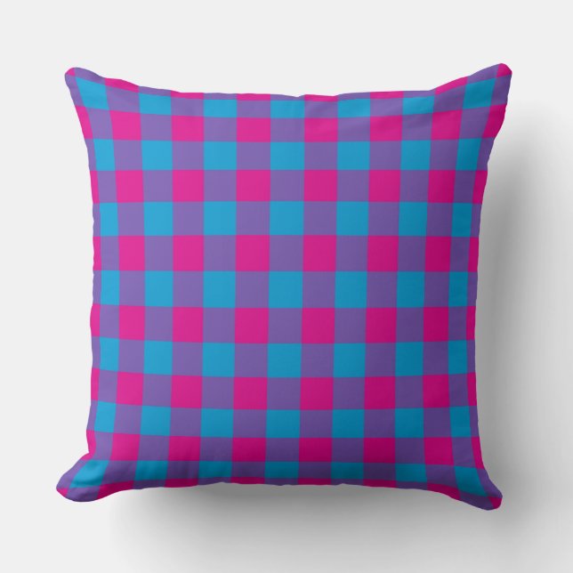 Purple Pink Blue Plaid Chequered Pattern Cushion (Front)