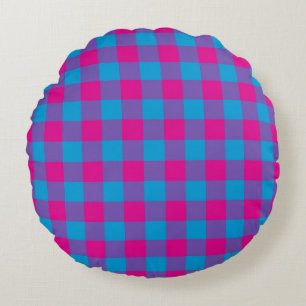 Purple Pink Blue Plaid Chequered Pattern Round Cushion