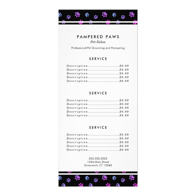 Purple Pink Blue Professional Pet Salon Service Rack Card (Front)