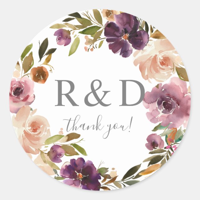 Purple & Pink Blush Floral Monogram -  Classic Rou Round Sticker (Front)