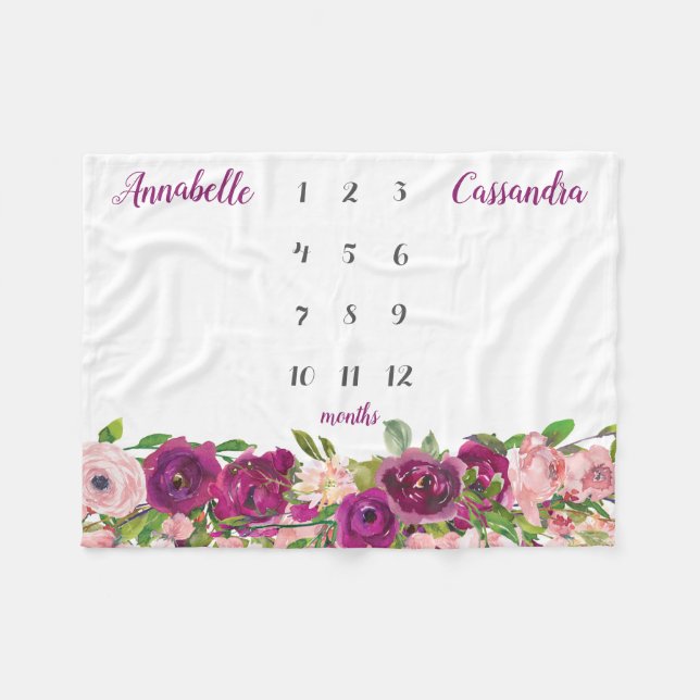 Purple Pink Blush Floral Rose Twin Milestone Baby Fleece Blanket (Front (Horizontal))