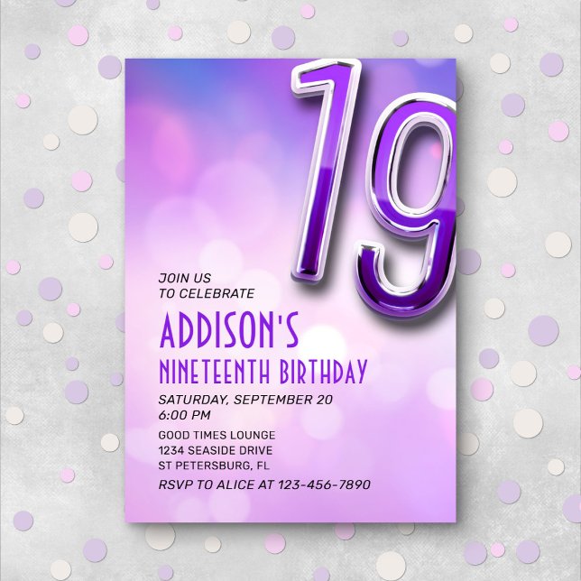 Purple Pink Bokeh 19th Birthday Invitation (Creator Uploaded)