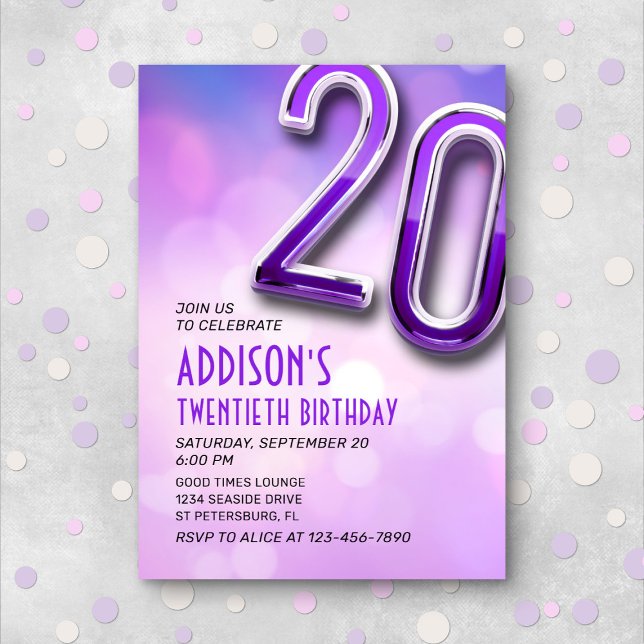 Purple Pink Bokeh 20th Birthday Invitation (Creator Uploaded)