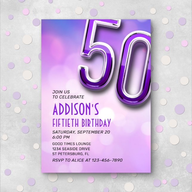 Purple Pink Bokeh 50th Birthday Invitation (Creator Uploaded)