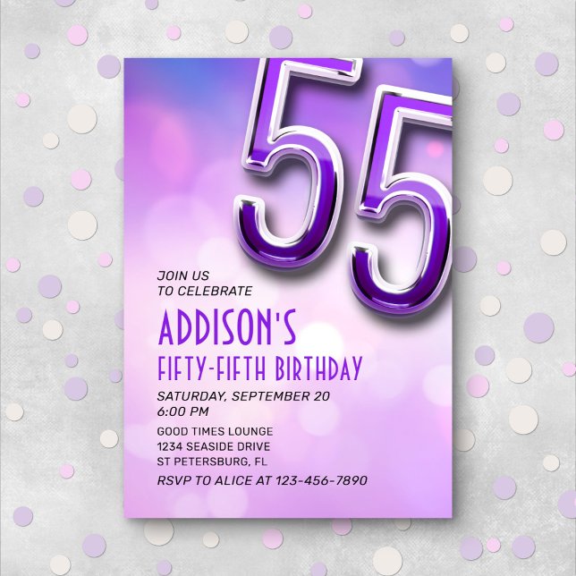 Purple Pink Bokeh 55th Birthday Invitation (Creator Uploaded)