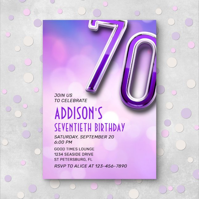 Purple Pink Bokeh 70th Birthday Invitation (Creator Uploaded)