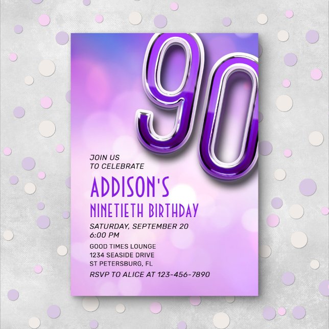 Purple Pink Bokeh 90th Birthday Invitation (Creator Uploaded)