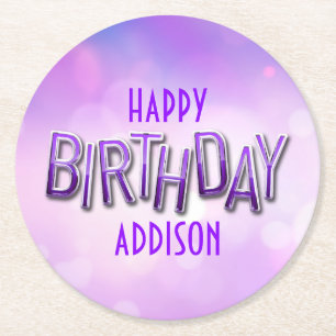 Purple Pink Bokeh Birthday Round Paper Coaster