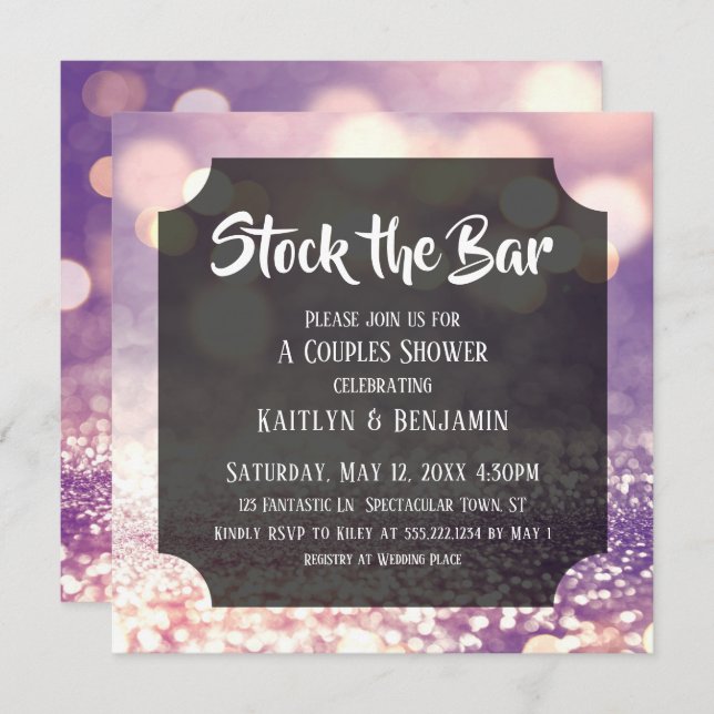 Purple & Pink Bokeh, Stock the Bar Couples Shower Invitation (Front/Back)