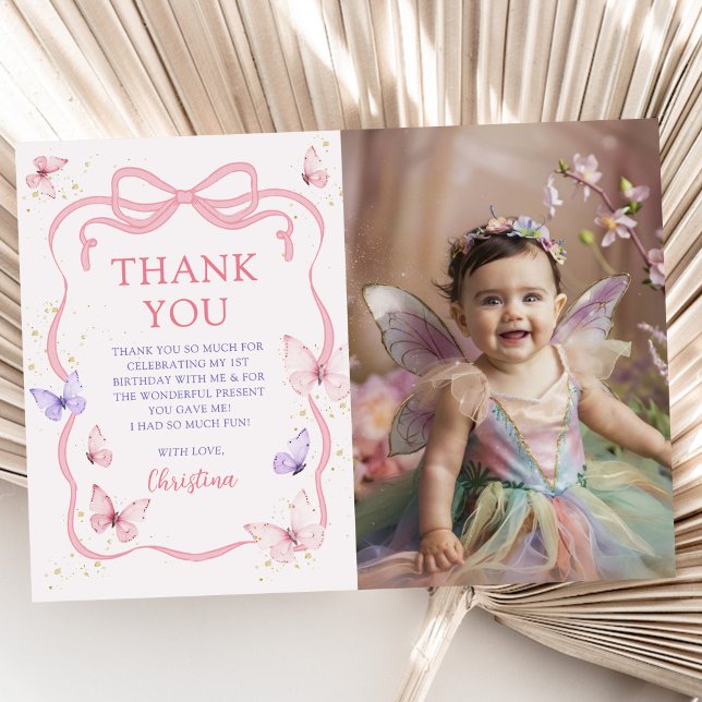 Purple Pink Bow Butterfly Birthday Party Photo Thank You Card (Creator Uploaded)