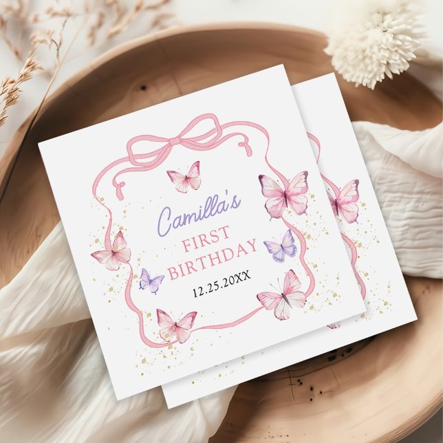Purple Pink Bow Butterfly Girl Birthday Party Napkin (Creator Uploaded)