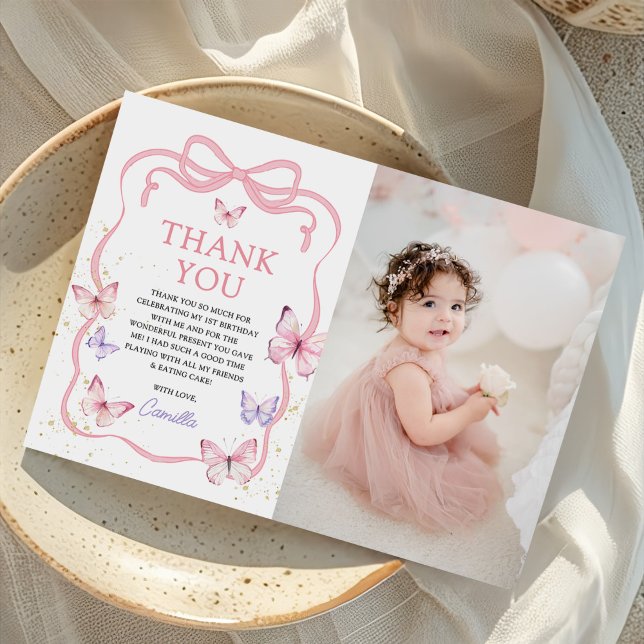 Purple Pink Bow Butterfly Girl Birthday Photo Thank You Card (Creator Uploaded)