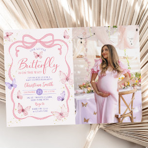 Purple Pink Bow Little Butterfly Baby Shower Photo Invitation