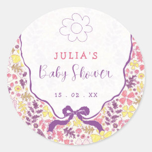 Purple Pink Bow Wildflowers Blooms Baby Shower Classic Round Sticker