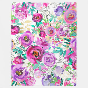 Purple Pink Bright Colourful Chic Modern Floral Fleece Blanket