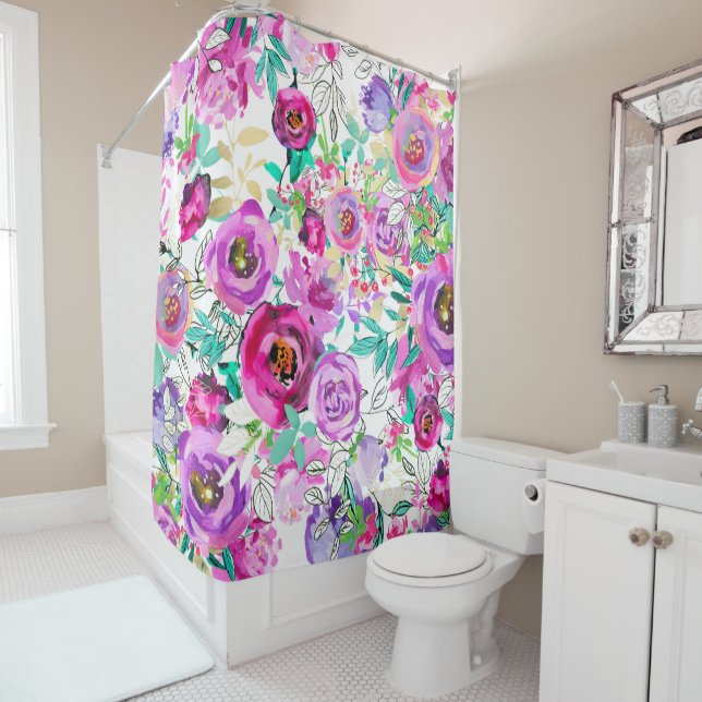 Purple Pink Bright Colourful Chic Modern Floral Shower Curtain (In Situ)