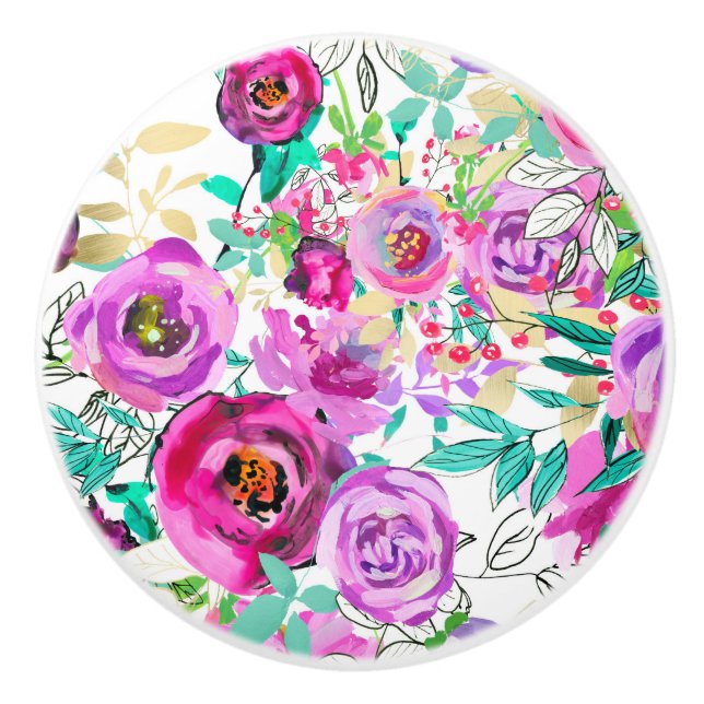Purple Pink Bright Colourful Modern Floral Pattern Ceramic Knob (Front)