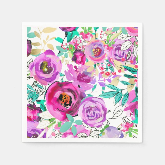 Purple Pink Bright Colourful Modern Floral Pattern Napkin (Front)