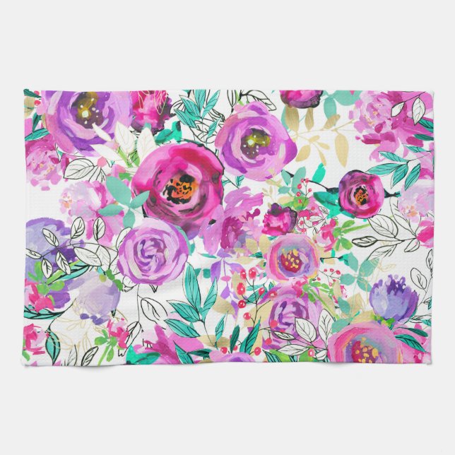 Purple Pink Bright Colourful Modern Floral Pattern Tea Towel (Horizontal)