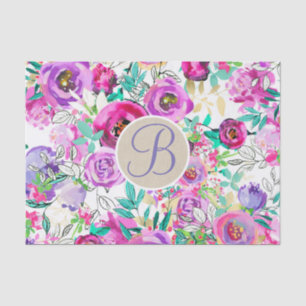 Purple Pink Bright Floral Monogram Letter Initial Tissue Paper