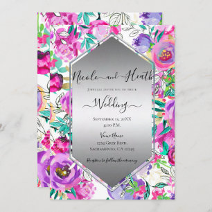 Purple Pink Bright Floral Watercolor Wedding  Invitation
