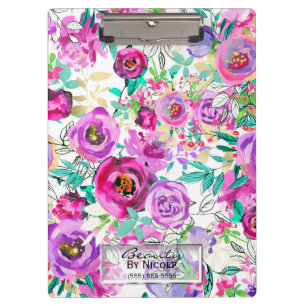 Purple Pink Bright Modern Floral Personalised Clipboard